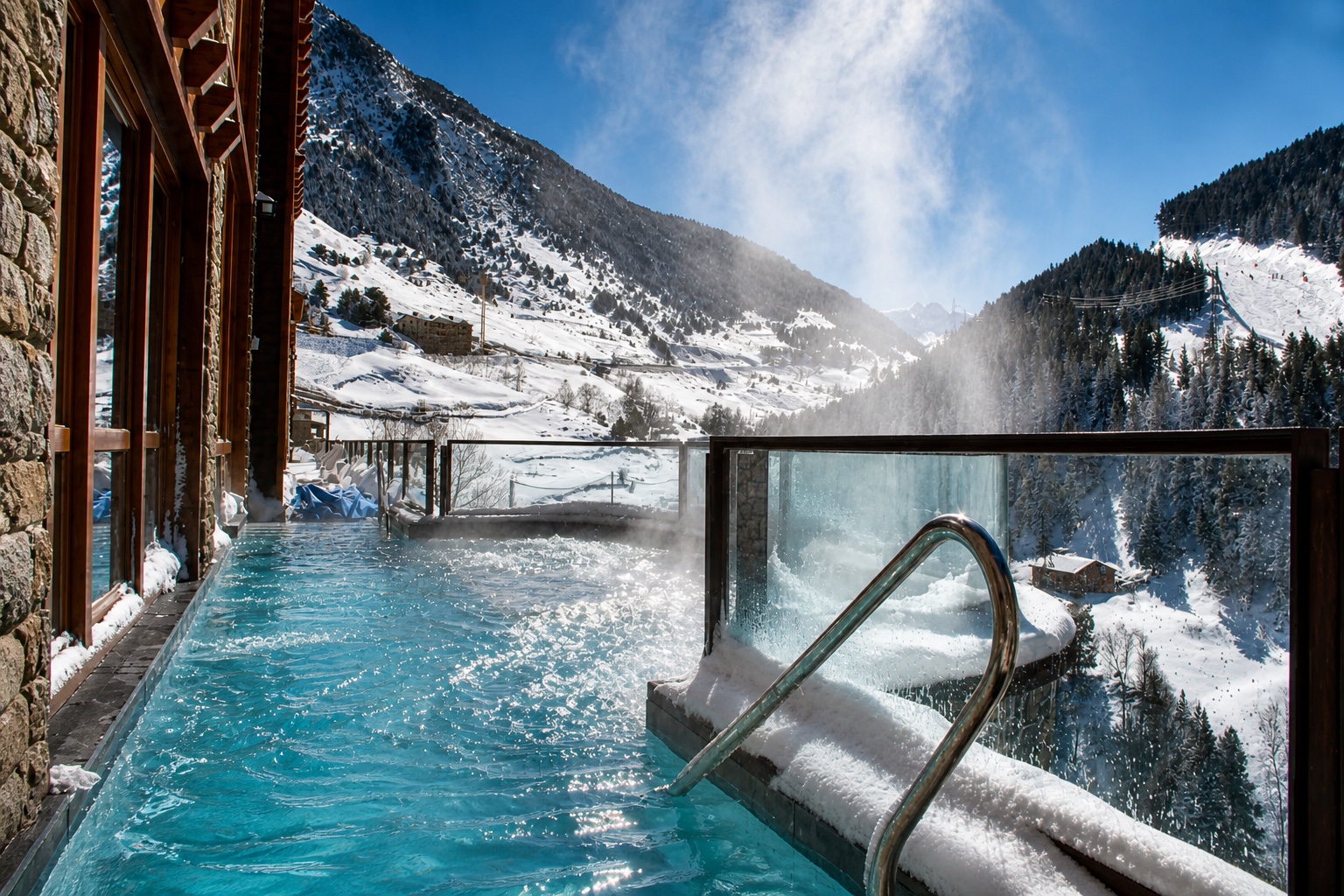 Outdoor spa pool with snowy mountain view